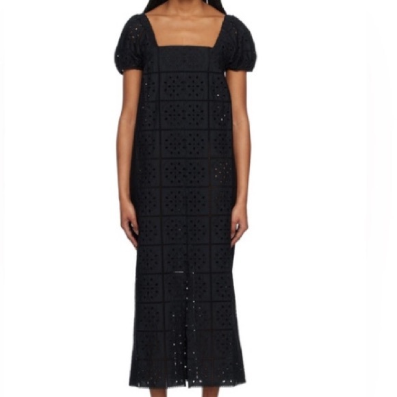 NWT GANNI Black Eyelet Puff Sleeve Midi Dress - Sz 6